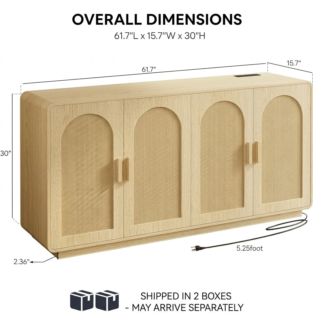 Sideboard dimensions: 61.7 x 15.7 x 30 inches, 5.25 ft power cord, ships in 2 boxes
