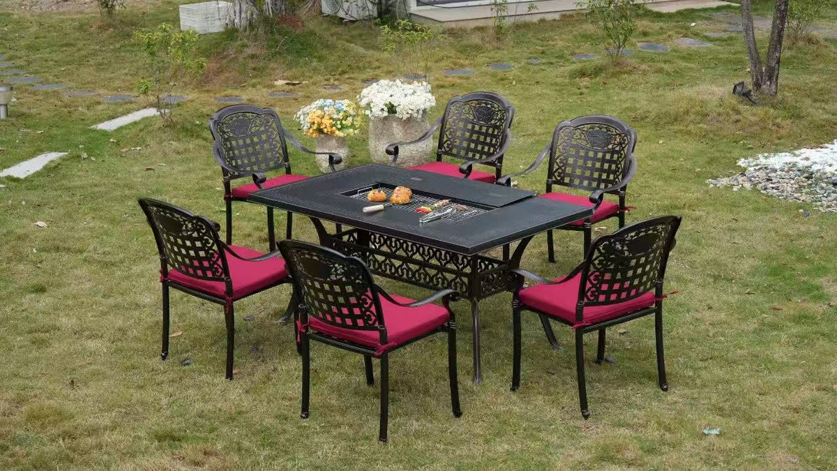 7-Piece Large Patio Dining Set with Built-In Charcoal BBQ Grill Multi Market World Inc.