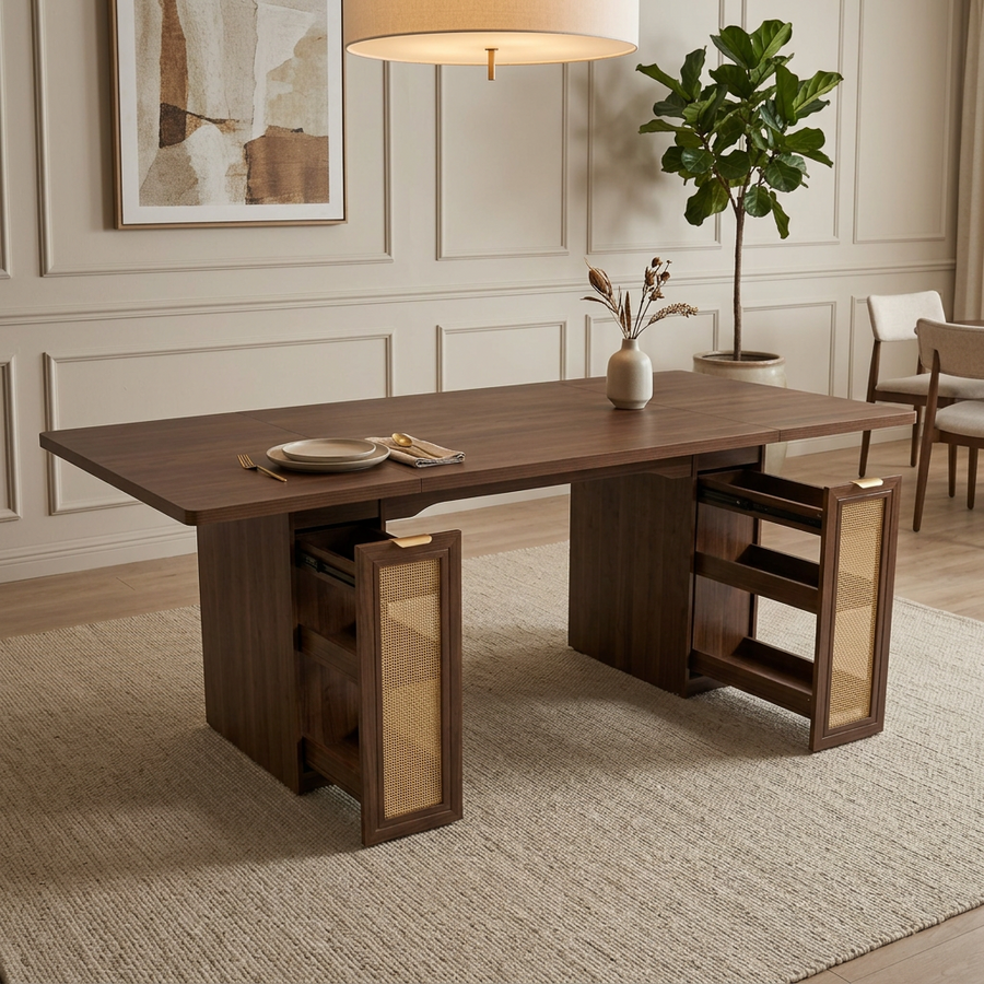 Walnut 78.7 inch dining table with both rattan pull-out storage cabinets open in a dining room
