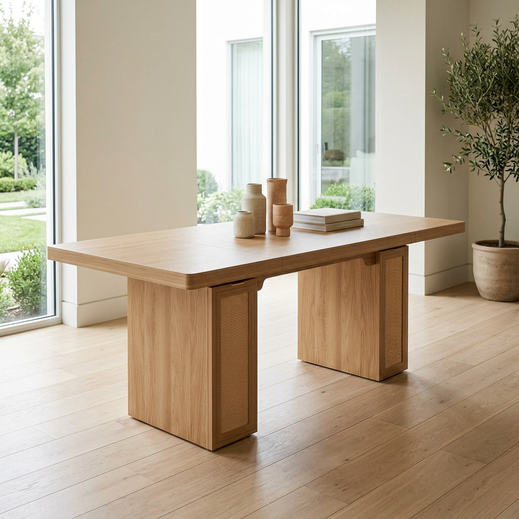 Oak dining table with rattan storage pedestal bases in a bright room by the window