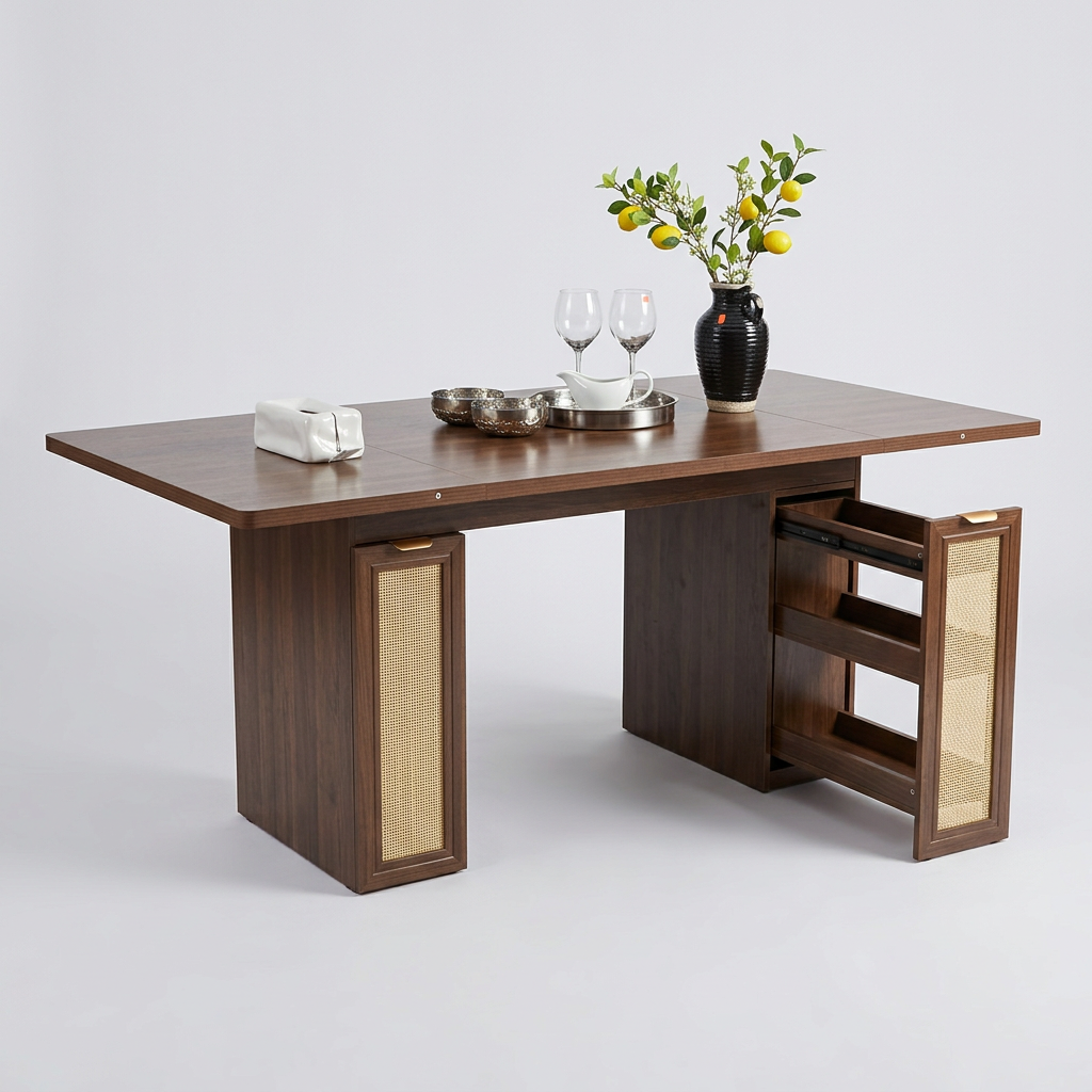 Walnut dining table with one pull-out rattan cabinet open showing 3 shelves