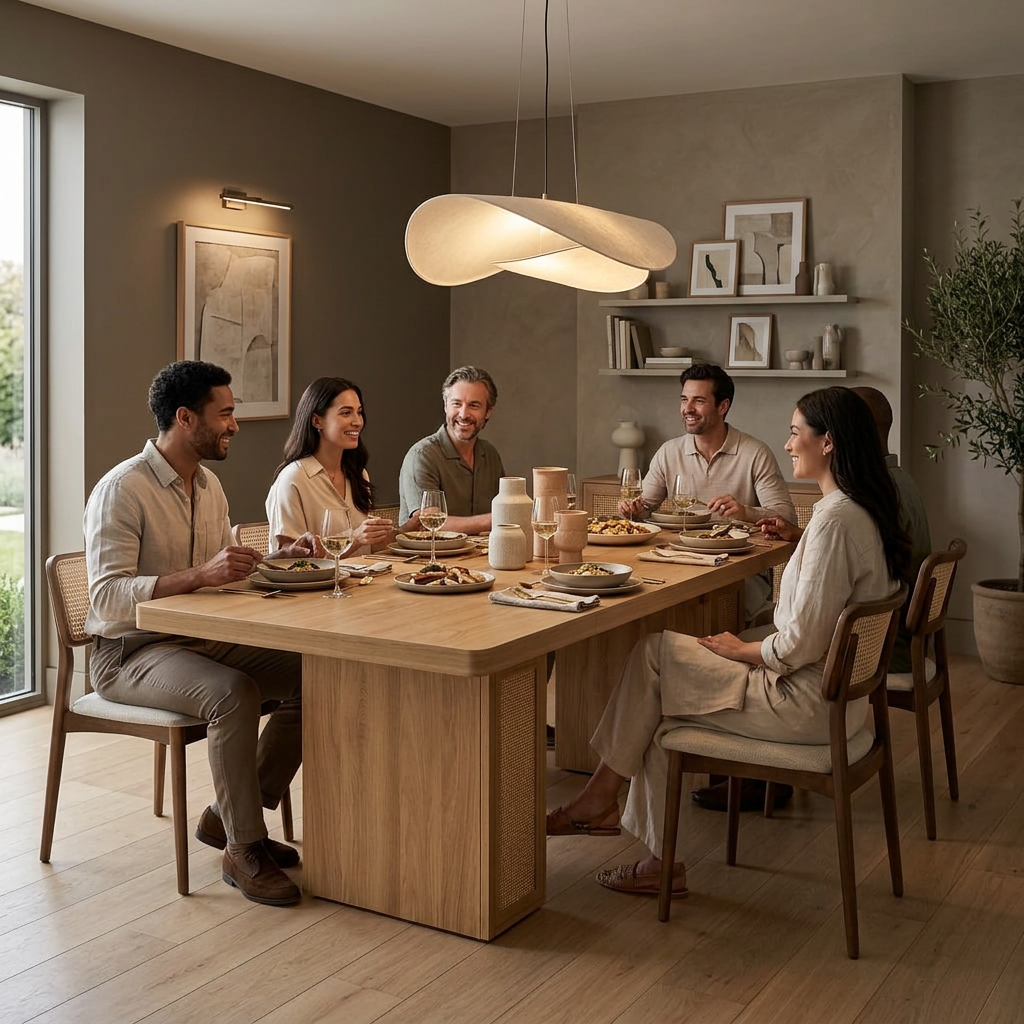Family of six eating dinner at an oak double pedestal dining table
