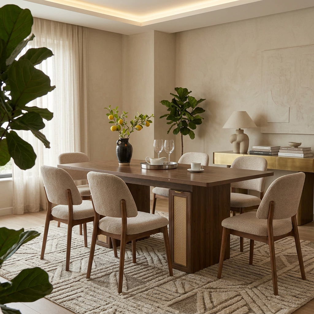 Walnut rattan storage dining table with six upholstered chairs in a modern dining room