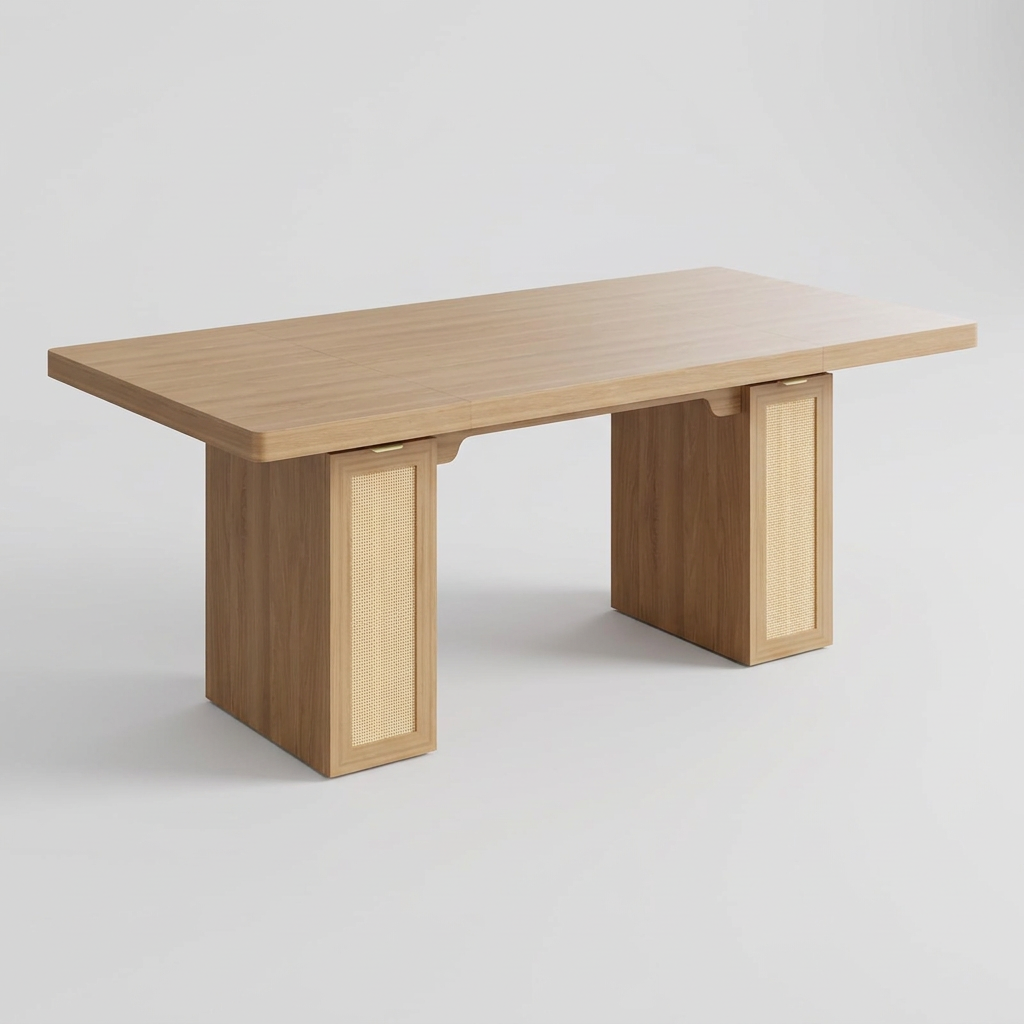 Oak finish 78.7 inch dining table with rattan door pedestal bases, front angle