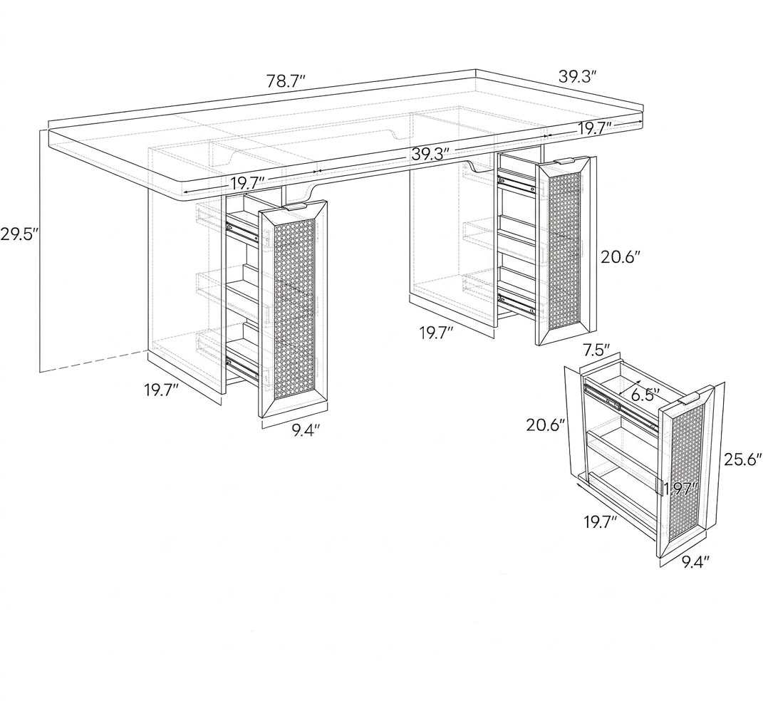 Dining table dimensions diagram: 78.7 x 39.3 x 29.5 inches, pull-out cabinet 25.6 x 9.4 inches