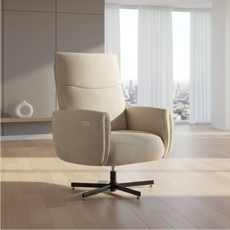 Beige upholstered swivel armchair with a high back, padded armrests, and a black five-star base, shown in a styled living room setting with a side table and bookshelf.