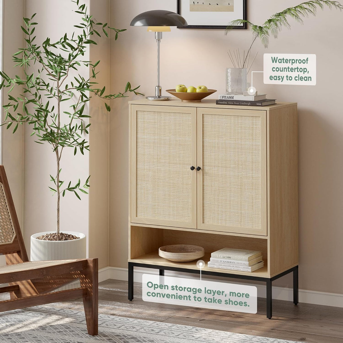 Rattan Shoe Storage Cabinet with 2 Doors, 39.5" Boho Shoe Organizer for Entryway with Adjustable Shelves and Open Cubby (fd) Multi Market World Inc.