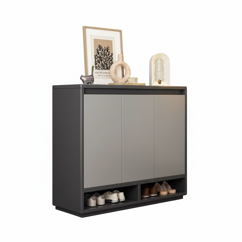 Shoe Storage Cabinet, 90 cm Wide, 3 Doors with Open Shelf, Minimalist Entryway Organizer, Grey Multi Market World Inc.