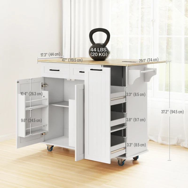 Rolling Kitchen Island Cart with Solid Rubber Wood Drop Leaf Countertop, Power Charging Station, Mobile Kitchen Storage Cabinet on Wheel - White Multi Market World Inc.