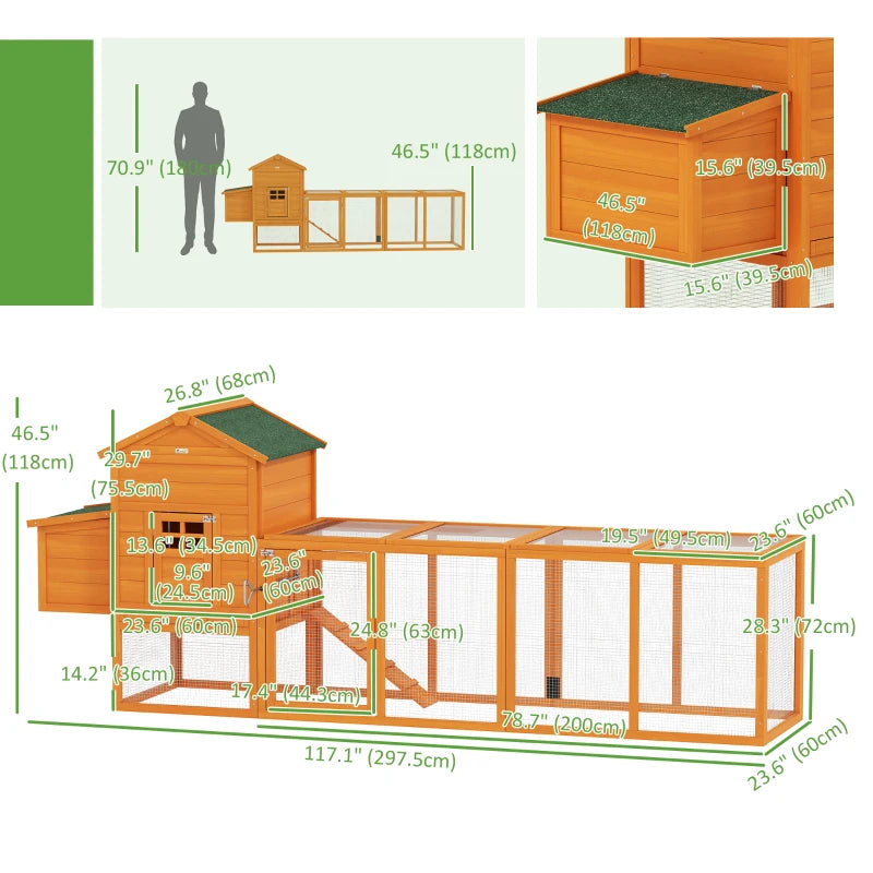 117" Extra Large Chicken Coop with Asphalt Roof, Wooden Hen House with Slide-out Tray, Quail Hutch with Nesting Box, Orange Multi Market World Inc.