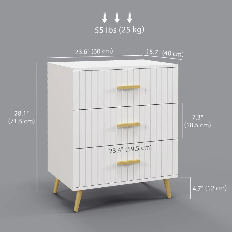 3 Drawer Cabinet, Drawer Chest for Bedroom, Chest of Drawers with Aluminium Legs and Gold Handles, White Multi Market World Inc.