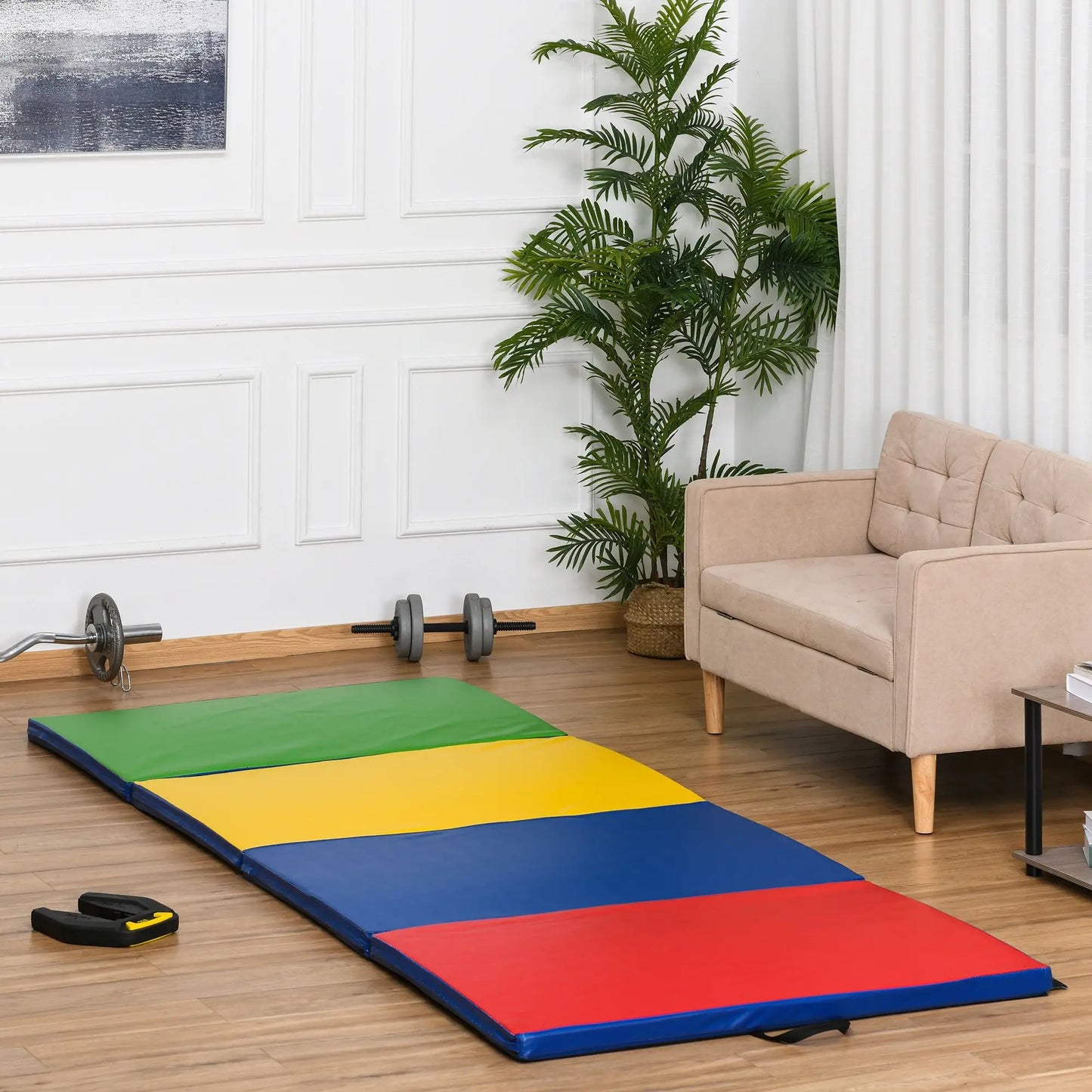 4'x10'x2'' Folding Gymnastics Tumbling Mat, Exercise Mat with Carrying Handles for Yoga, MMA, Martial Arts, Stretching, Core Workouts, MultiColor