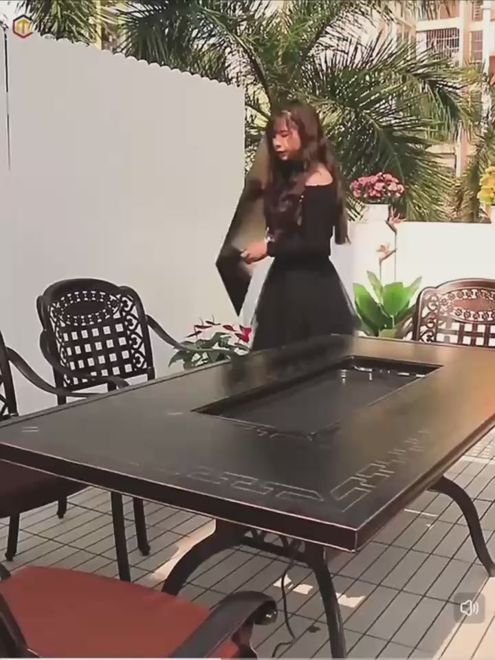 7-Piece Large Patio Dining Set with Built-In Charcoal BBQ Grill