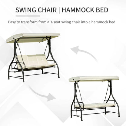 3 Seater Patio Swing Chair Convertible Cushioned Porch Swing Bed Outdoor Swing with Canopy Cream White