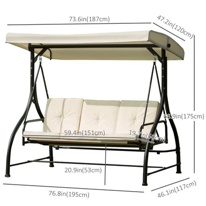 3 Seater Patio Swing Chair Convertible Cushioned Porch Swing Bed Outdoor Swing with Canopy Cream White