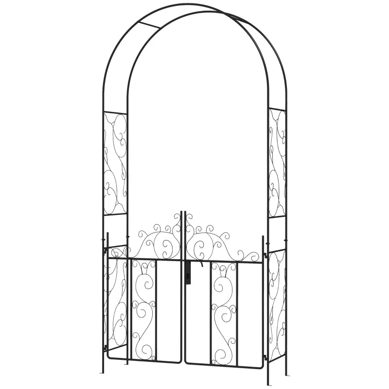 Metal Garden Arch with Gate, Garden Arbor Trellis for Climbing Plants, Roses, Vines, Wedding Arch, Black Multi Market World Inc.