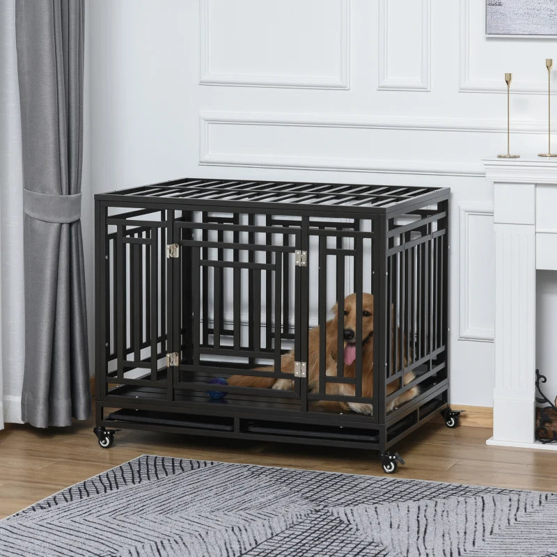 45" Heavy Duty Steel Dog Crate Kennel Pet Cage with Wheels for Convenient Access Anti-Pinching Floor, Black Multi Market World Inc.