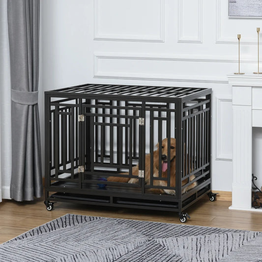 45" Heavy Duty Steel Dog Crate Kennel Pet Cage with Wheels for Convenient Access Anti-Pinching Floor, Black