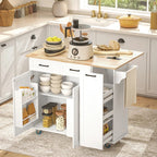 Rolling Kitchen Island Cart with Solid Rubber Wood Drop Leaf Countertop, Power Charging Station, Mobile Kitchen Storage Cabinet on Wheel - White Multi Market World Inc.