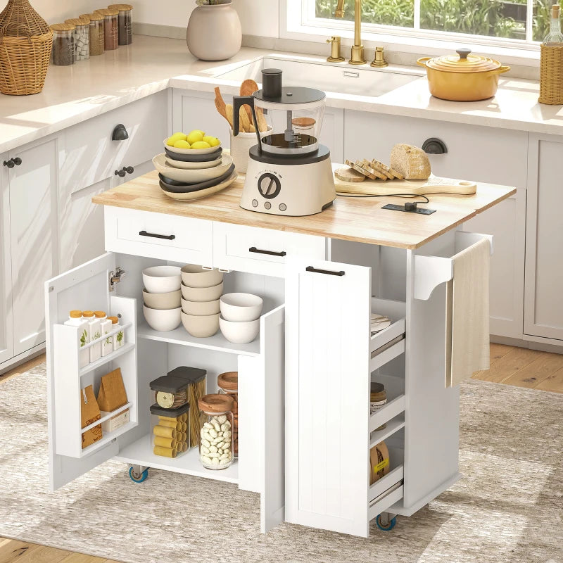 Rolling Kitchen Island Cart with Solid Rubber Wood Drop Leaf Countertop, Power Charging Station, Mobile Kitchen Storage Cabinet on Wheel - White Multi Market World Inc.