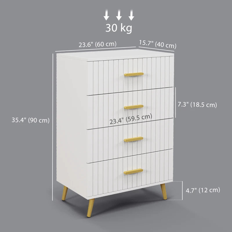 Drawer Cabinet, Drawer Chest for Bedroom, Chest of Drawers with Aluminium Legs and Gold Handles, White